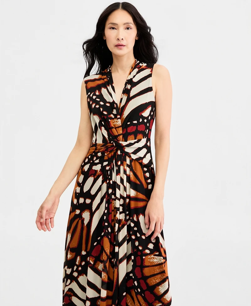 Anne Klein Women's Twist Front Sleeveless Midi Printed Mesh Dress