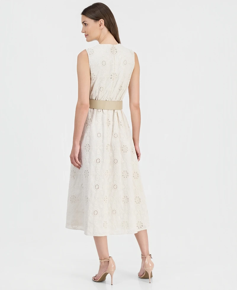 Anne Klein Women's Round-Neck Embroidered Belted Cotton Dress