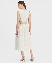 Anne Klein Women's Round-Neck Embroidered Belted Cotton Dress