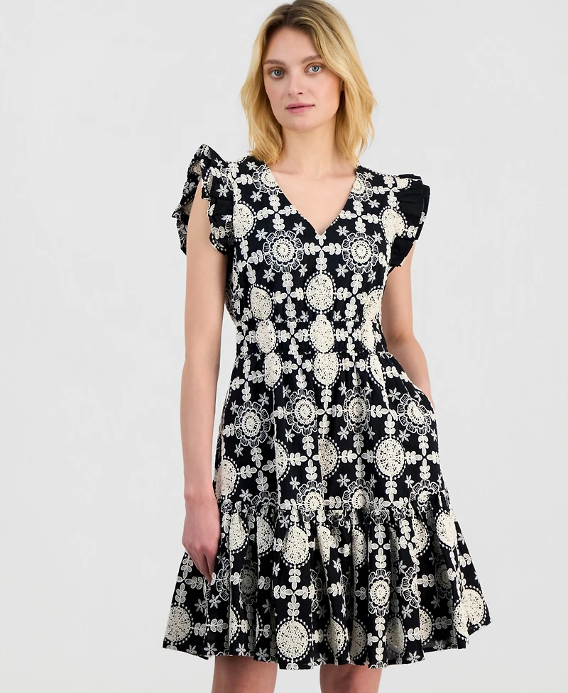 Anne Klein Women's V-Neck Ruffle-Sleeve Embroidered Cotton Dress