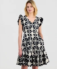 Anne Klein Women's V-Neck Ruffle-Sleeve Embroidered Cotton Dress