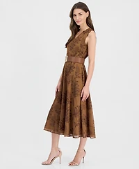 Anne Klein Women's V-Neck Embroidered Belted Midi Dress