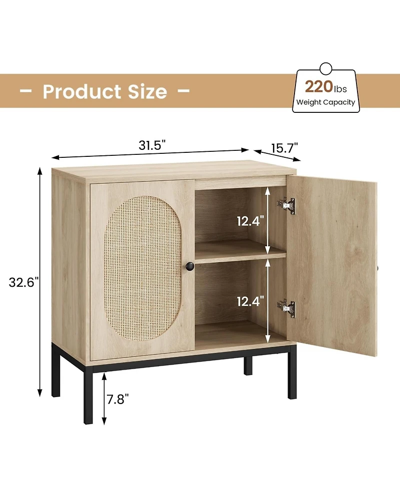 gaomon Set of 2 Rattan Sideboard Chest of Drawers with 2 Rattan and Wood Doors, Adjustable Shelves, Metal Feet, 80 cm Wide