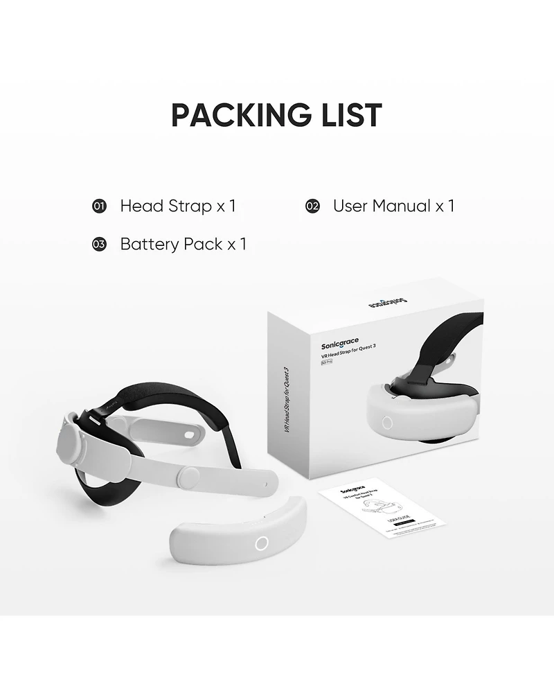 sonicgrace S3 Pro Battery Head Strap for Meta Quest 3/3S - 20W Fast Charging, 8000mAh Magnetic Battery Pack