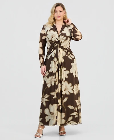 Anne Klein Plus Printed Twist-Front Long-Sleeve Mesh Maxi Dress