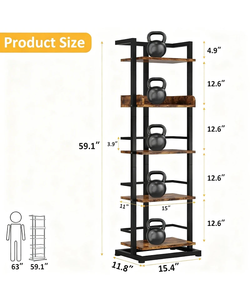 Yigii 5 Tier Narrow Wood Bookcase Metal Edge Industrial Corner Storage Shelf