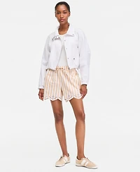 On 34th Women's Stripe Mid-Rise Embroidered Eyelet Linen Blend Pull Shorts, Macy's Exclusive
