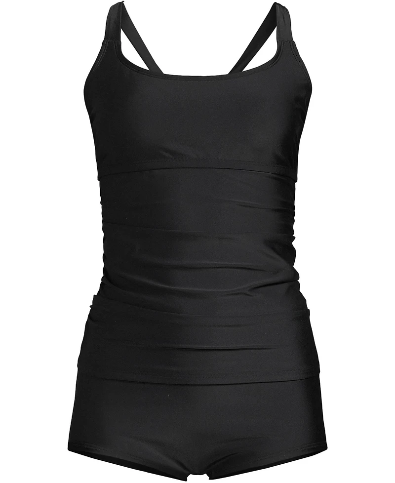 Lands' End Women's Essential Tie Back Ruched Tankini and Shorts Two Piece Set