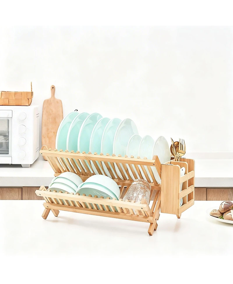 Yigii Bamboo Dish Drying Shelf Collapsible Utensil Holder Kitchen Counter