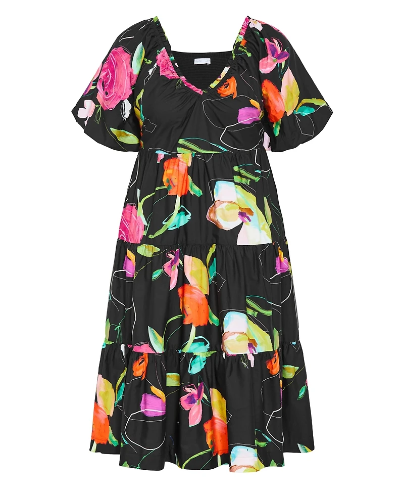 City Chic Women's Plus Fantasy Print Puff Sleeve Midi Dress