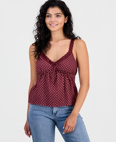 Madden Girl Juniors' Polka-Dot Tie-Front Babydoll Tank Top