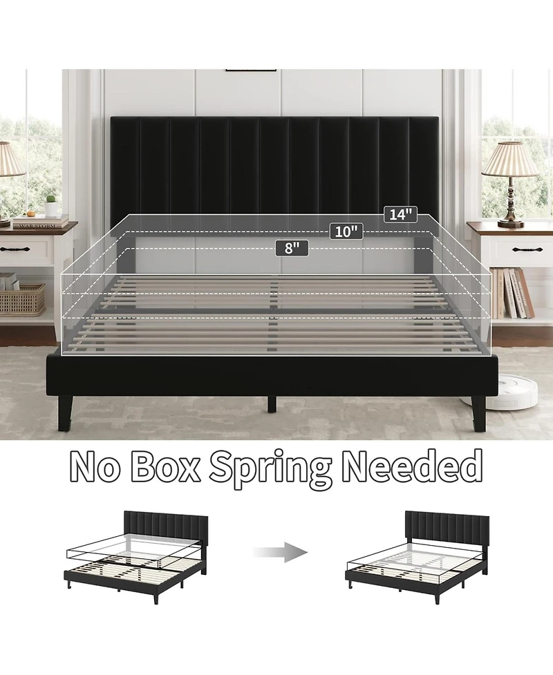 gaomon Queen Size Velvet Iron Mdf Vertical Pattern Soft Bag Basic Bed Upholstered Bed Frame, Stylish Design, Comfortable Mattress, No Box Spring