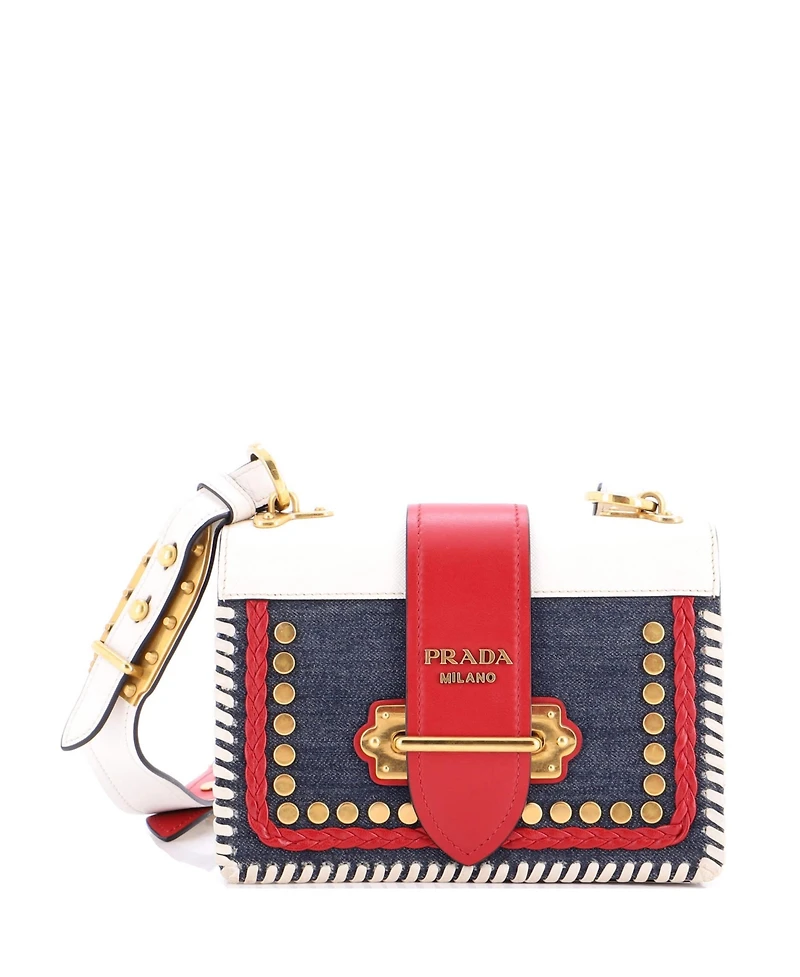 Pre-Owned Prada Small Cahier Crossbody Bag Embellished Denim and Leather