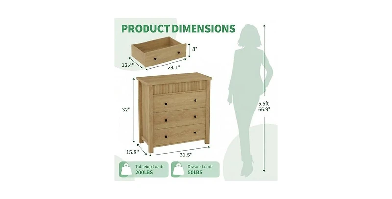 gaomon 3 Drawer Dresser, Modern Fluted Nightstand, Wooden Chest of Drawers, Storage End Table Organizer