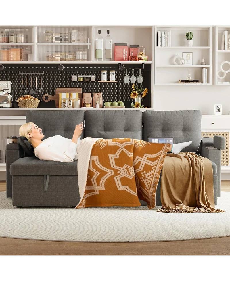 gaomon 85" Reversible L-Shaped Sleeper Sofa Bed with Pull-Out Bed, Storage Chaise, Usb-c Ports, Removable Covers and Cup Holder