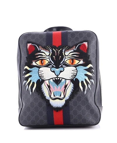 Pre-Owned Gucci Medium Angry Cat Web Backpack Gg Coated Canvas with Applique