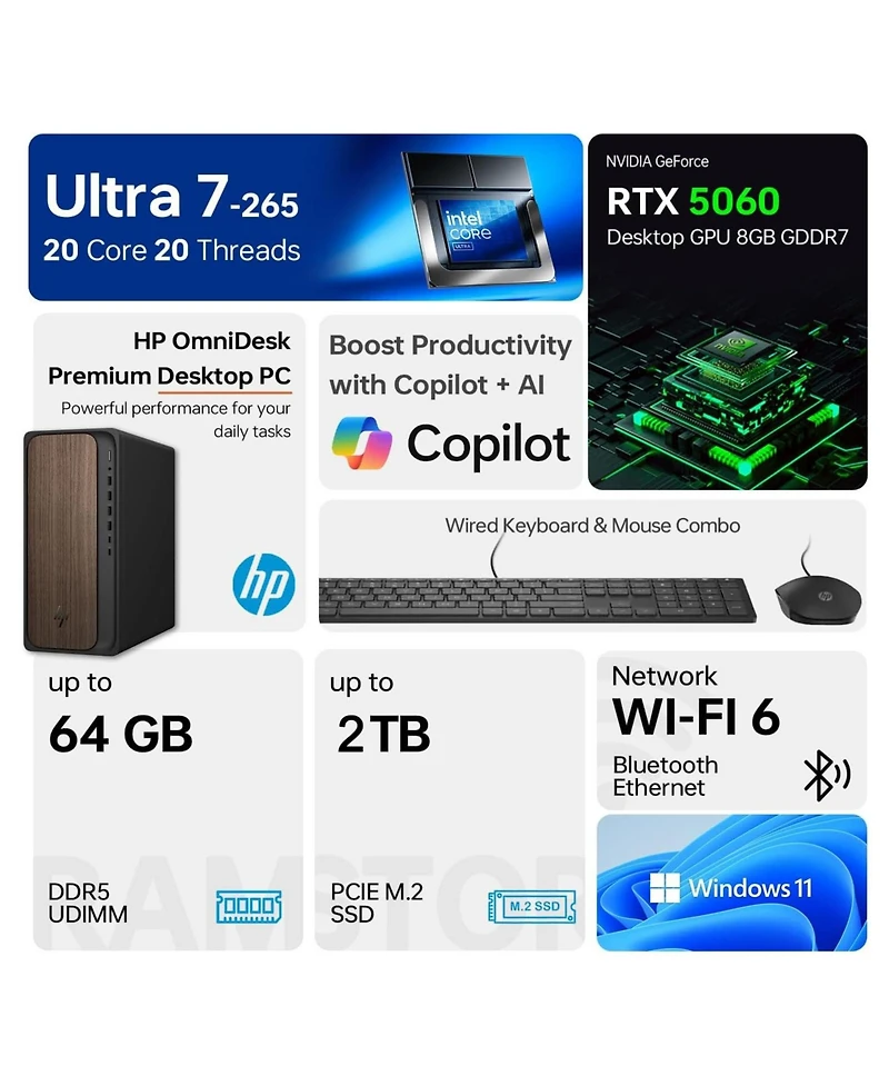 Hp OmniDesk Tower Desktop Intel Core Ultra 7 16GB Ram Nvidia GeForce Rtx 5060 2TB Ssd Storage Windows 11 Home