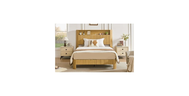 flynama Full Xl Size Bed Frame Storage Headboard Charging Station Wave Curved Silent Metal