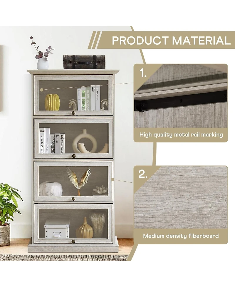 Rainsken Display Cabinet with 4 Flip up Glass Doors, 4-Tier Versatile Storage Organizer, Antique Bookcase for Office, Living Room