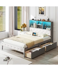 Sugift Full Size Bed Frame with Bookcase Headboard and Led Lights