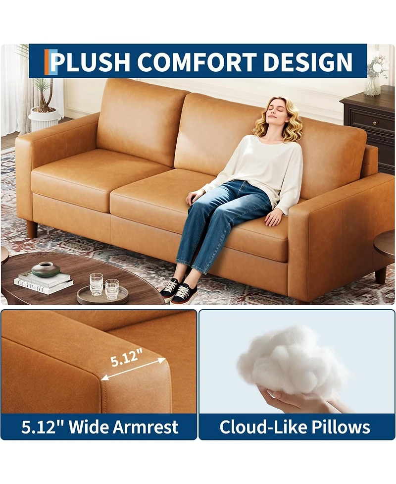 gaomon 83" Leather Sofa, Mid-Century Modern 3-Seater Couch with Cushions and Armrests