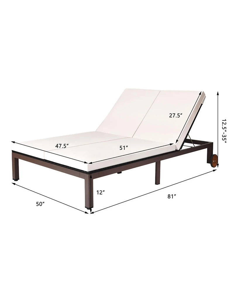 Gymax Adjustable Patio Rattan 2 Person Recliner Lounge Chair w/ Cushion Wheel