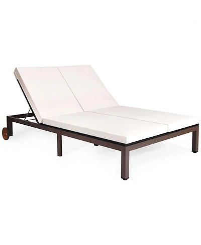 Gymax Adjustable Patio Rattan 2 Person Recliner Lounge Chair w/ Cushion Wheel