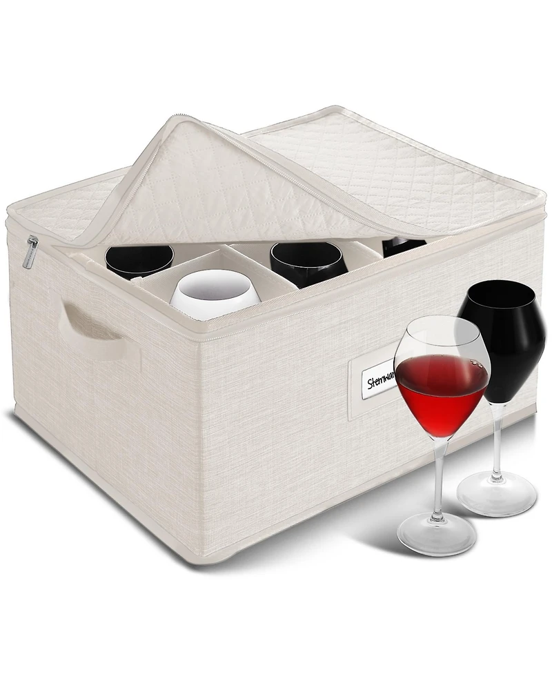 StorageBud 2 Pack Stackable Wine Glass Storage Boxes with Dividers - Stemware Storage for 24 Glasses, Quilted China Storage Containers