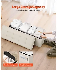 Gouun Foldable Linen Storage Ottoman Bench with Side Pockets and Hidden Storage