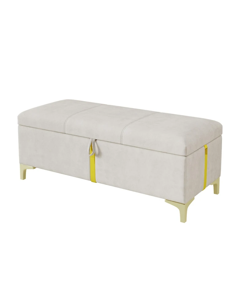 Rainsken Upholstered Storage Ottoman, Modern Storage Bench with Metal Legs and Golden Striping for Living Room, Bedroom
