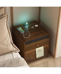 Rainsken Smart Nightstand with Charging Station and Led Light, Modern Bedside Table with Storage Drawers for Bedroom