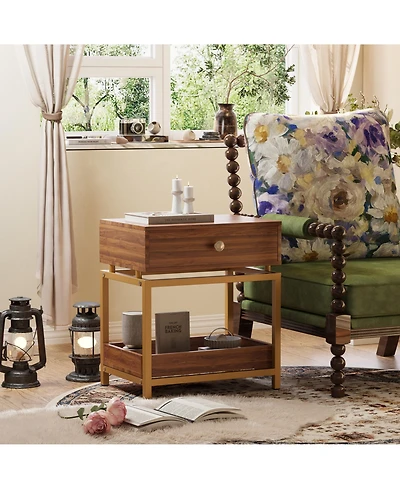 Rainsken Nightstand with Drawer and Open Shelf, Sofa Side Table with Gold Metal Frame, Modern Bedside Table for Bedroom and Living Room