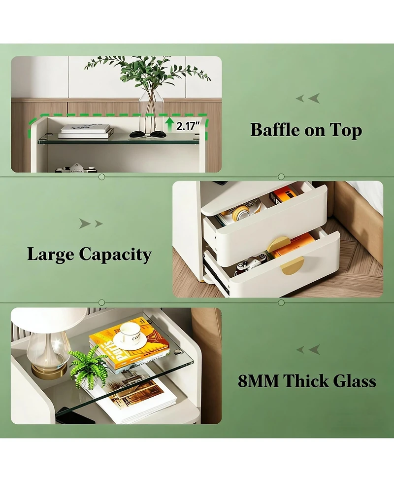 Rainsken 2-Drawer Nightstand, Modern Wood Bedside Table with Open Tempered Glasses Storage Space, End Table for Living Room and Bedroom