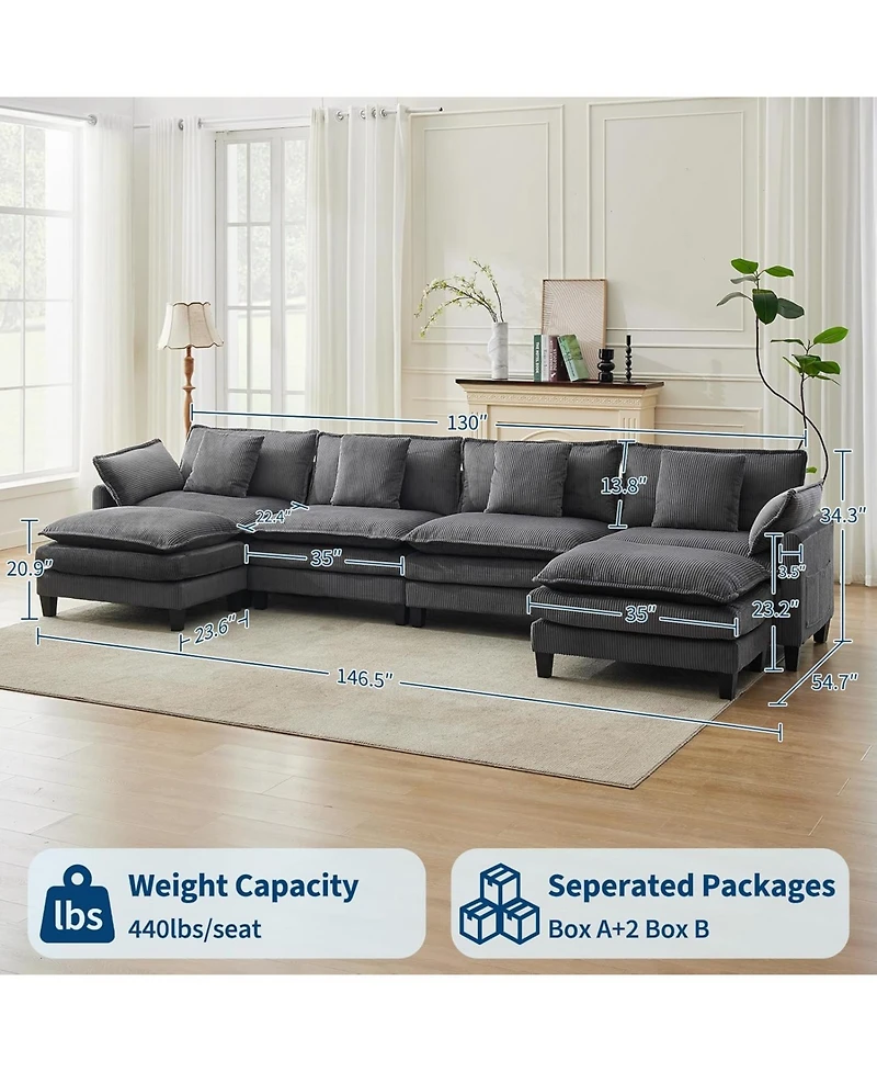 gaomon 146.5" Modular Sectional Sofa, U-Shaped Couch with 2 Ottomans, Corduroy Cloud Sofa
