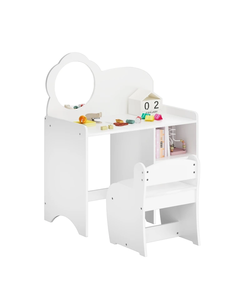 Rainsken Kids Vanity Desk Set with Mirror and Chair, Wooden Dressing Table with Storage Shelves, Study and Activity Table for Girls and Boys