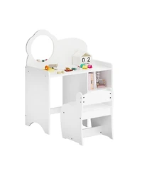 Rainsken Kids Vanity Desk Set with Mirror and Chair, Wooden Dressing Table with Storage Shelves, Study and Activity Table for Girls and Boys