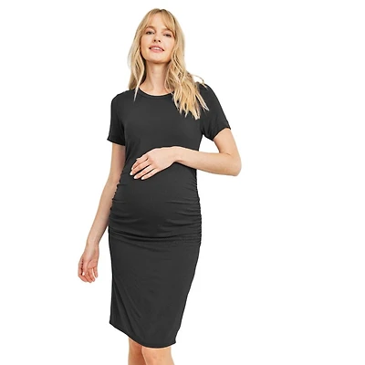 Hello Miz Maternity Casual Short Sleeve Crewneck Side Ruched T-Shirt Dress