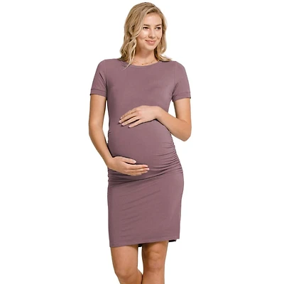 Hello Miz Maternity Casual Short Sleeve Crewneck Side Ruched T-Shirt Dress