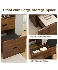 Rainsken 3-in-1 Vanity Desk with Lighted Mirror & Cushioned Tool, Flip Top Makeup Dressing Table for Cloakroom, Bedroom (23.62"L, Walnut)