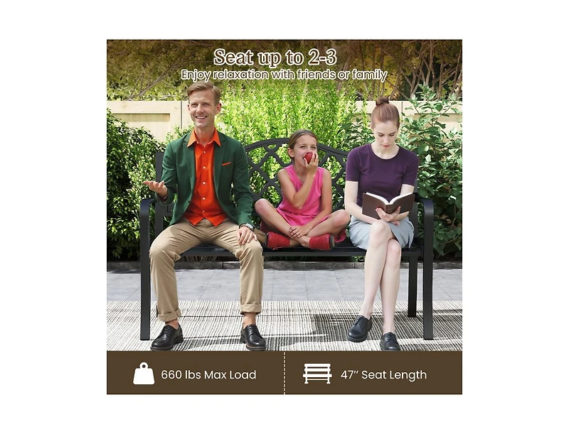 50.5 Inch Patio Bench with Curved Armrests for 2-3 People-Black