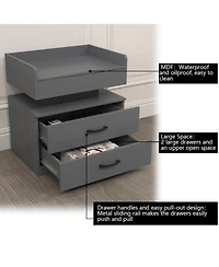 Rainsken Wood Nightstand with Adjustable Led Light Strip, Modern Bedside Table with 2 Drawers and Open Storage Compartment, Side End Table for Bedroom