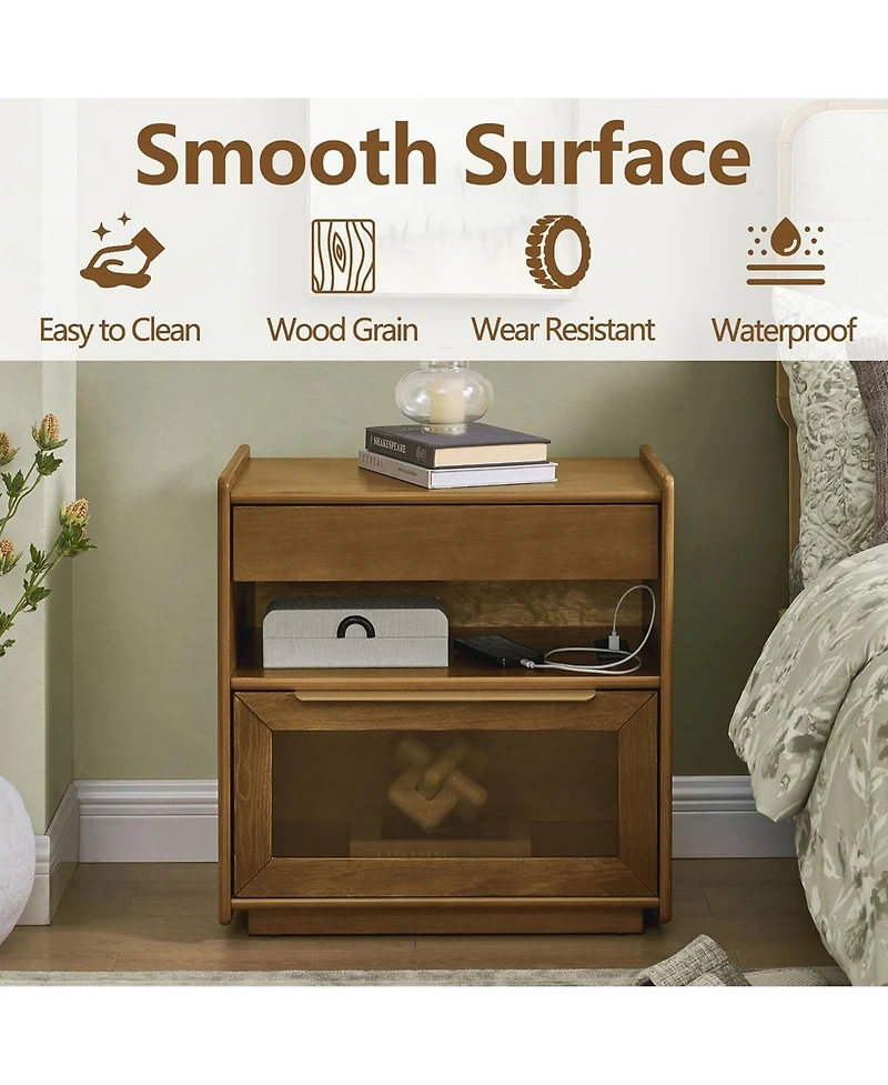 Rainsken Nightstand with Charging Station and Outlet Hole, Mid Century Modern Bedside Table with Open Shelf, End Table for Living Room