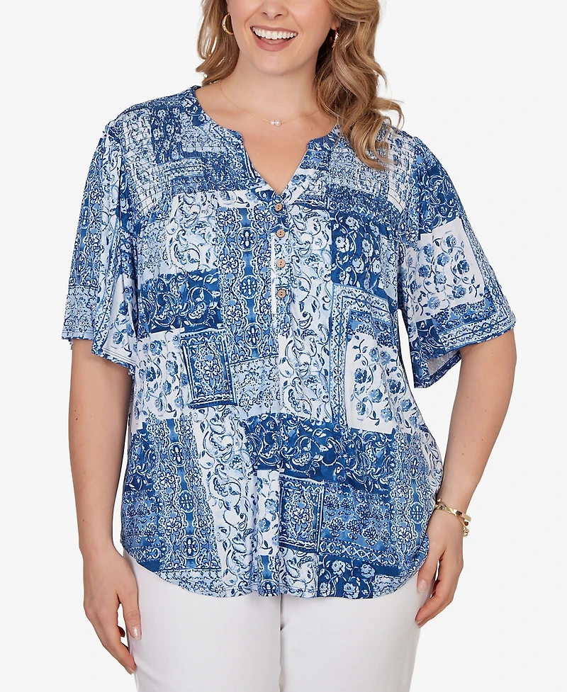Ruby Rd. Plus Patchwork Bandana Henley T-Shirt