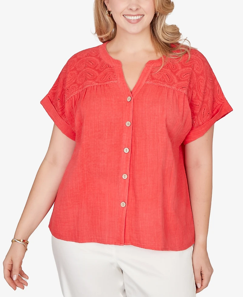 Ruby Rd. Plus Paisley Embroidered Gauze Button T-Shirt