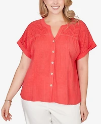 Ruby Rd. Plus Paisley Embroidered Gauze Button T-Shirt