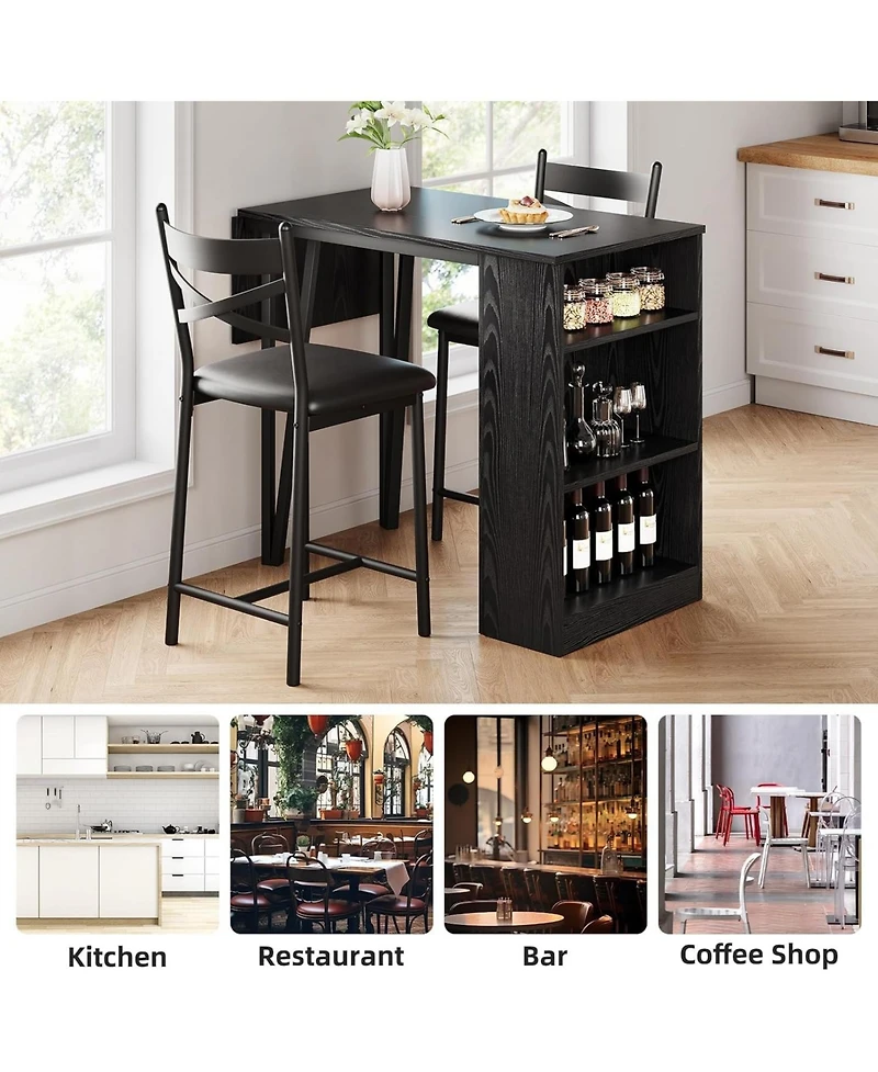 gaomon Bar Table Set of 2 with 3 Storage Shelves, Extendable Dining Table with 2 Cushioned Chairs