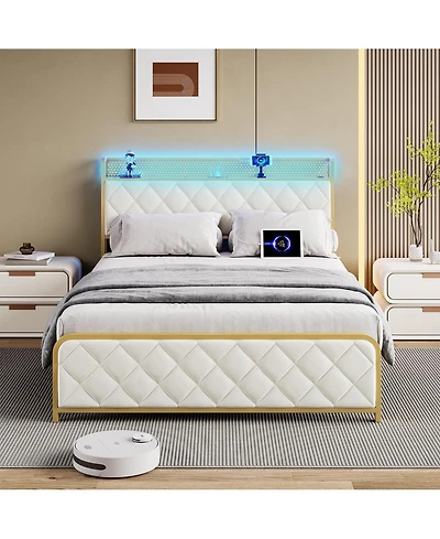 gaomon Platform Bed Frame with Led Light & Charging Station, Storage Headboard, Upholstered, Metal Slats, Noise Free, Easy Assembly