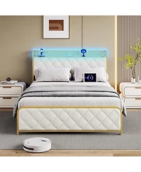 gaomon Platform Bed Frame with Led Light & Charging Station, Storage Headboard, Upholstered, Metal Slats, Noise Free, Easy Assembly