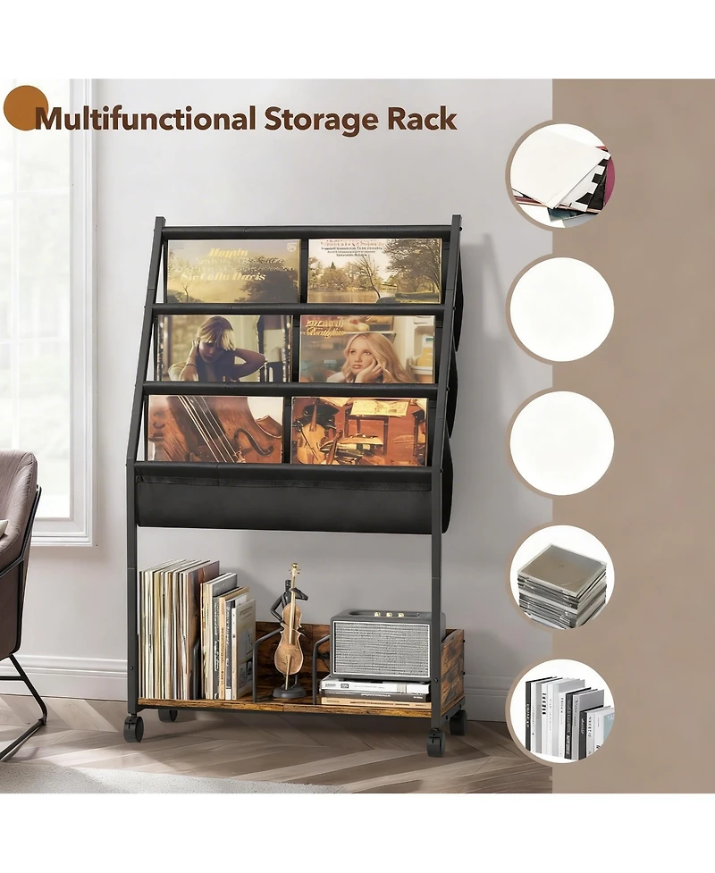 Yigii 3-Tier Display Shelf Holds 200 LPs Movable Organizer Rack Cabinet