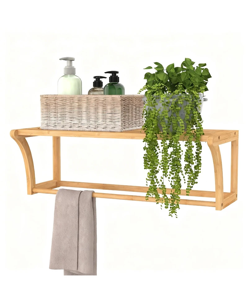 Yigii Bamboo Wall Shelf With Towel Bar Ventilated Storage Rack